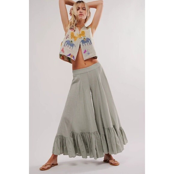 Free People Summer Kiss Godet Pants Smocked Cotton Wide Leg Beach XS New 279312